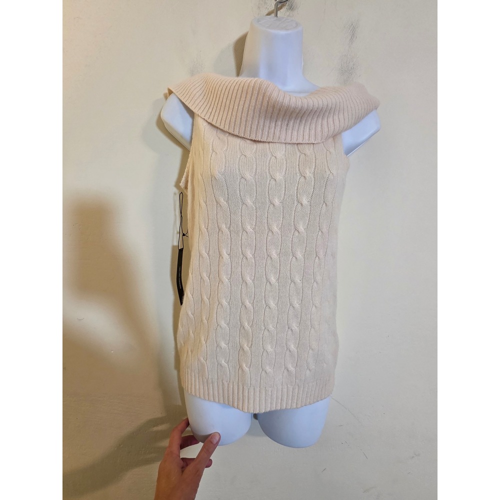 Ralph Lauren 100% Cashmere Cable Knit Sleeveless Cowl Neck Sweater Cream Large